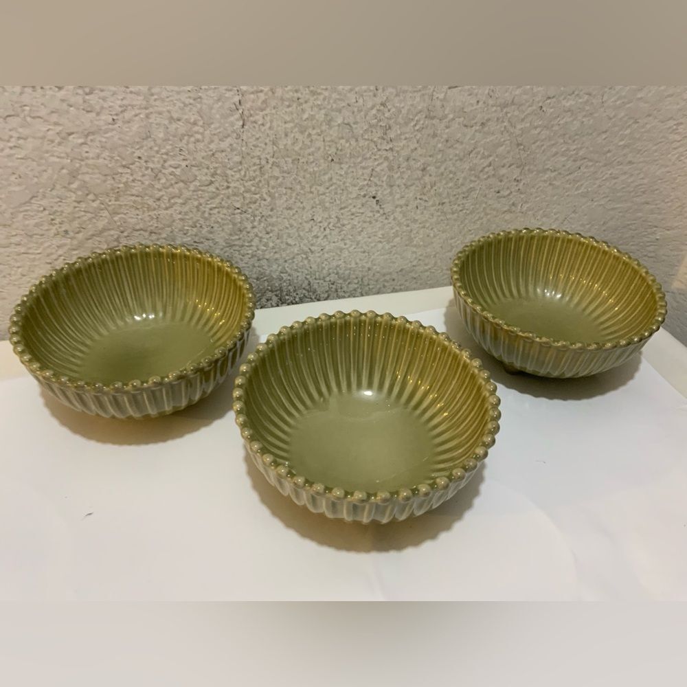 3 Pc Costa Nova Fine Stoneware Pearl Green Dipping Sauce Bowl Beaded Rim